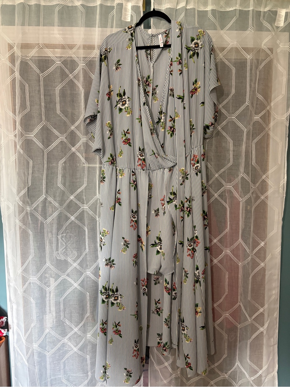 Xhilaration Light Blue Striped Floral High-Low Wrap Dress